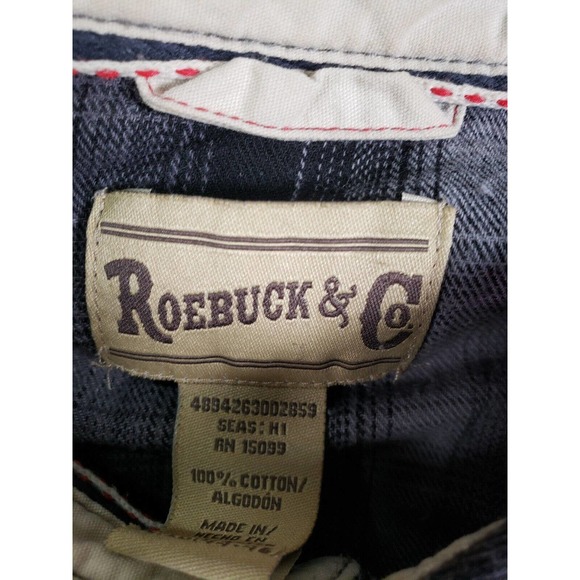 Roebuck Shirt Mens XL Cowboy Western Plaid Point‎ Pocket Button Gray Pearl Snap - Picture 4 of 12